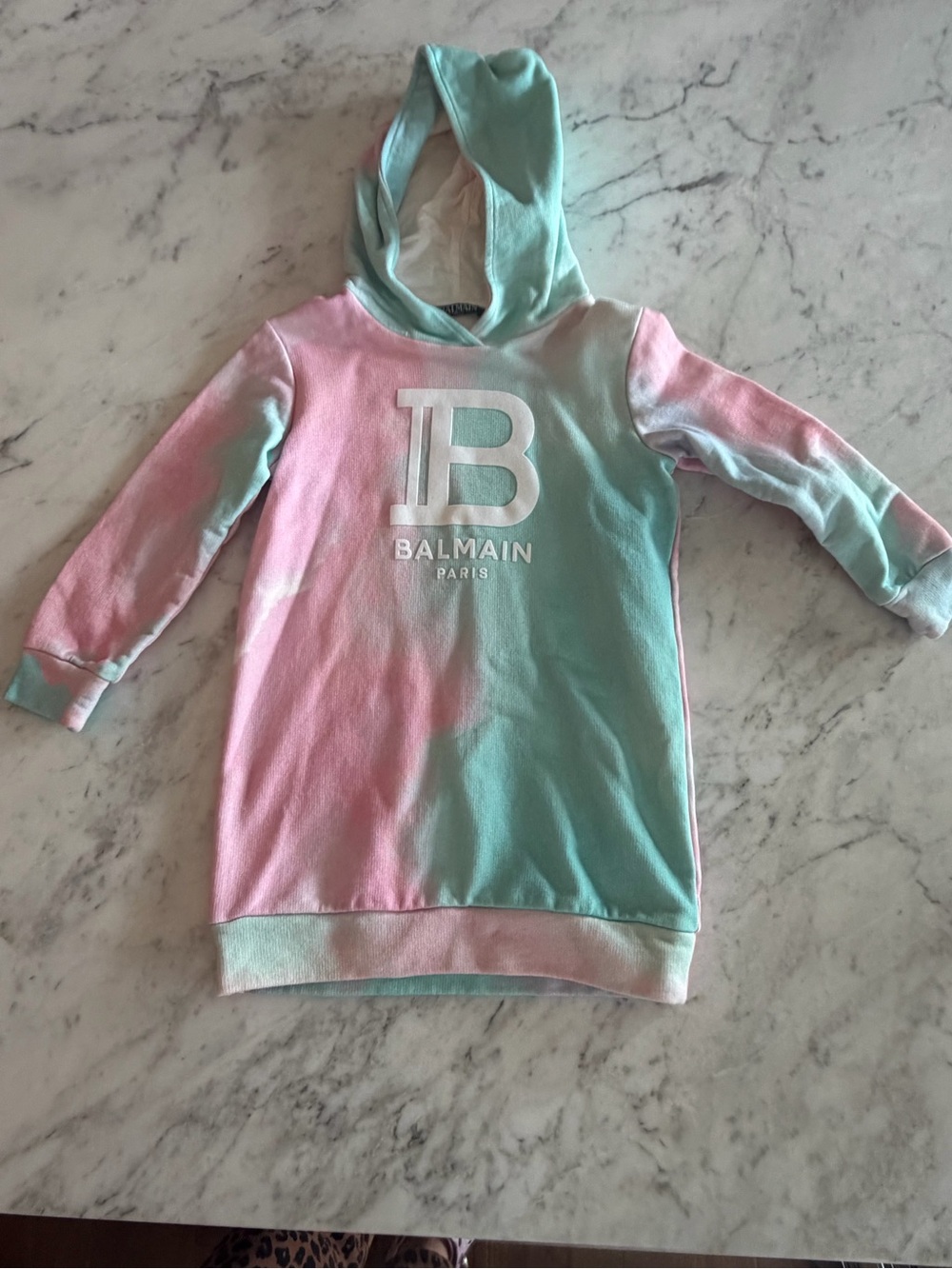 Balmain Kids Tie-Dye Hoodie Dress in Mint & Pink, Size 4, Never Worn